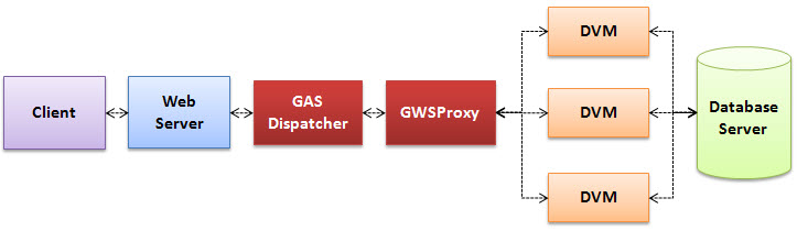 Diagram showing path from client to web server to GAS dispatcher to GWS Proxy to DVMs to Database server (and back)