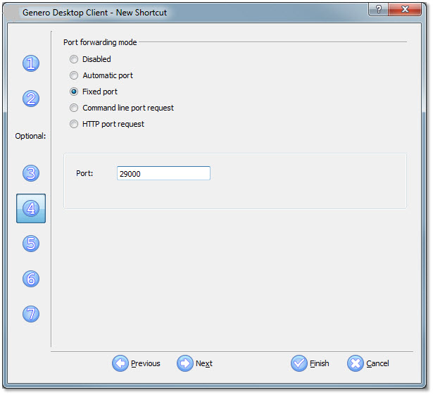 This figure shows panel four of the Genero Desktop Client shortcut wizard, with Fixed Port selected and port number 29000 specified.