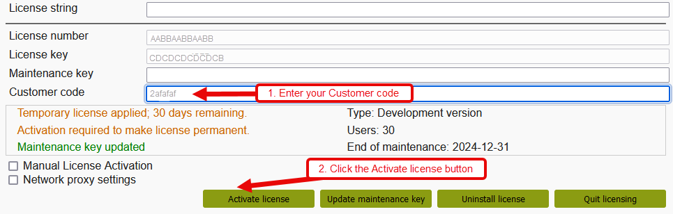 Image shows the licenser with the customer code entered and the Activate license key highlighted