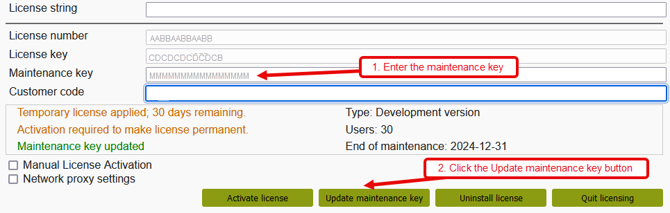 Image shows the user interface with the maintenance/subscription key entered