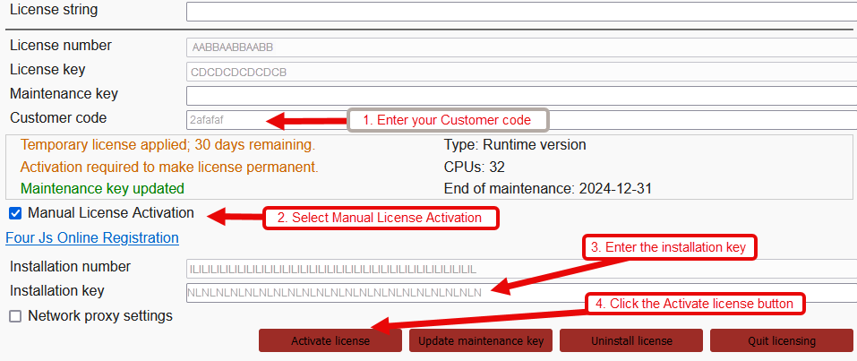 Image shows the licensing user interface page for manually activating a license.