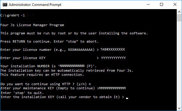 Screenshot of installation of license using the greWrt -l command, output explains how to get the installation key and complete licensing.