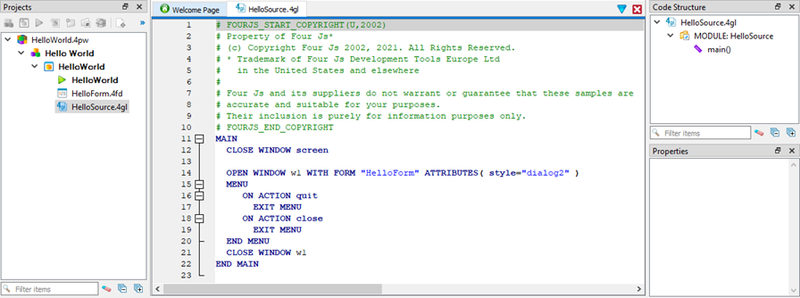This figure shows the open HelloSource.4gl file in the Code Editor and Code Structure view.