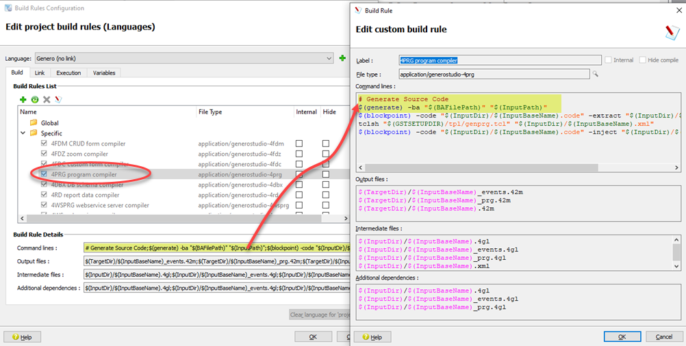 Screenshot showing default build rule for a 4PRG program entity.