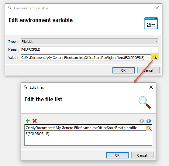 This figure is a screenshot of the Environment Variable dialog where Type = "File List", Name = "FGLPROFILE", and Value = "C:\MyDocuments\My Genero Files\samples\OfficeStoreRes\fglprofile;$(FGLPROFILE)".