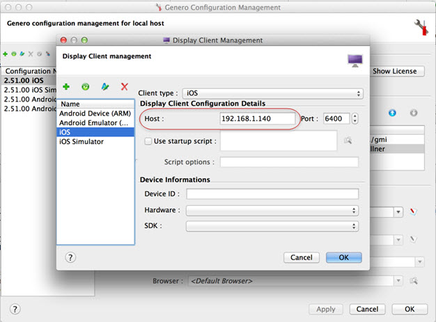 Display Client management dialog showing Host field filled in with IP address.