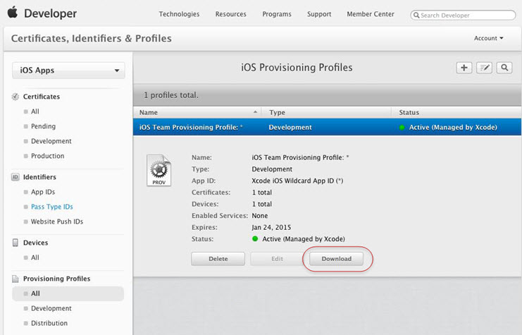 Screen shot showing option to download Provisioning Profile.