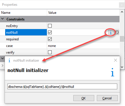 This figure shows an example of a property with an initializer. The property is "notNull". There is a red circle around the Initializer icon, and an arrow pointing to the notNull initializer dialog. In the notNull initializer dialog, the initializer is defined as "dbschema:$(sqlTabName).$(colName)/@notNull".