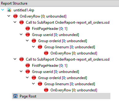 This figure is a screenshot of the Report Structure View showing inline sub report triggers within a master report.