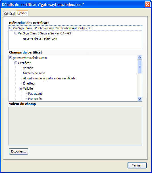Screen shot of server certificate with incomplete hierarchy