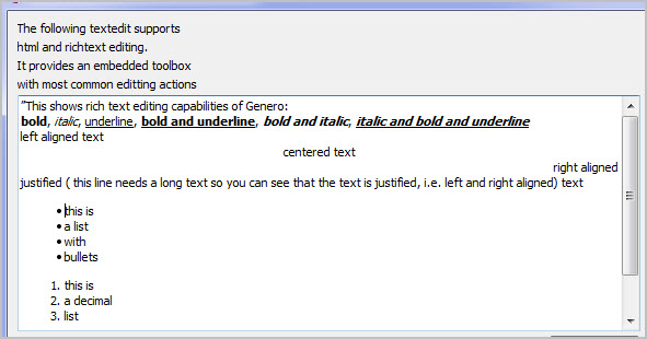 The figure is a screen shot of a textedit field implementing the Rich text editing feature, as shown via the Genero Desktop Client.