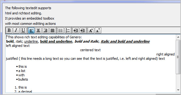The figure is a screen shot of a textedit field implementing the Rich text editing feature, as shown via the Genero Desktop Client, with the toolbox showing along the top.