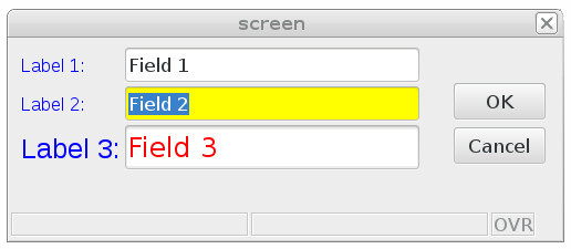 Screen shot of form displayed with styles applied. Field 2 is yellow. Label 3 and Field 3 have larger font. Field 3 has red text.