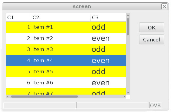 Screenshot of form displayed with styles applied. Odd rows are yellow. Column 3 has larger font.