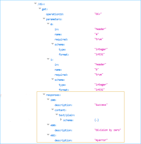 Responses section shows content for error handling