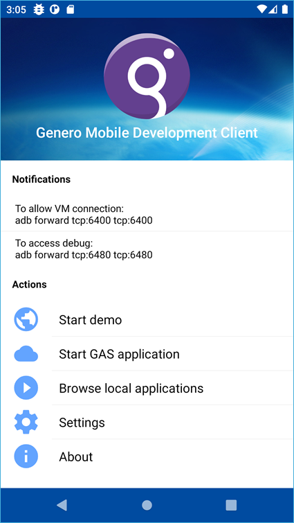 Front page of the Genero Mobile Development client for Android on the emulator