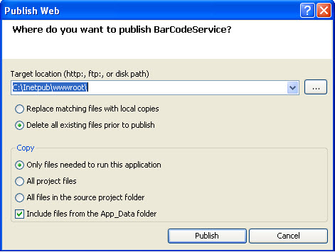 Publish Web dialog screenshot