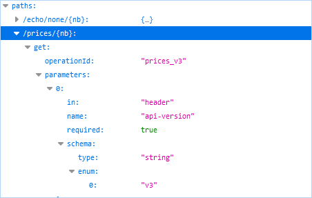 OpenAPI JSON description of a service using a header to set version mode.