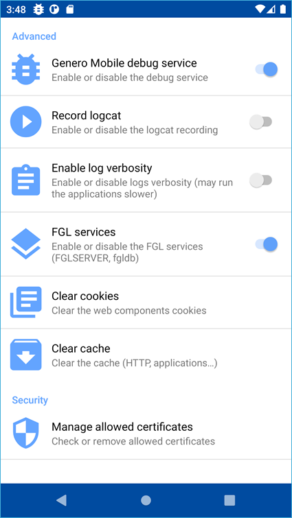 Screenshot of the settings page of the Genero Mobile Development client for Android