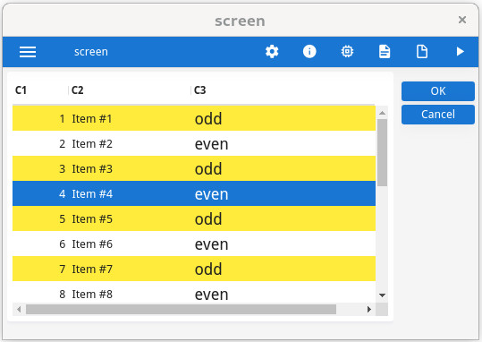 Screenshot of form displayed with styles applied. Odd rows are yellow. Column 3 has larger font.