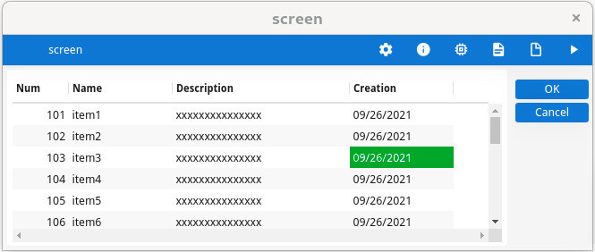 Table rendering with with current row highlight color green and yellow text.