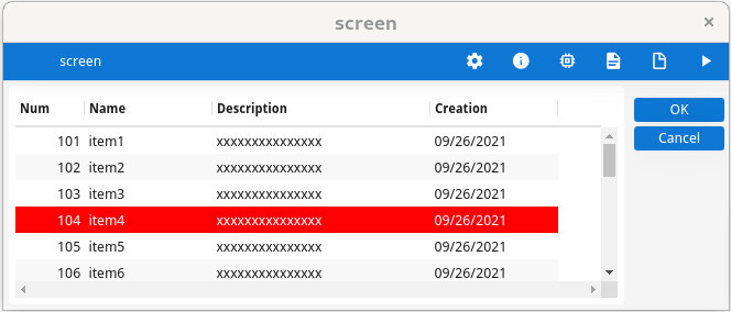 Table rendering with with current row highlight color red and white text.