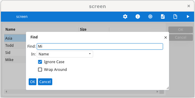 Table displaying the dialog to find rows.