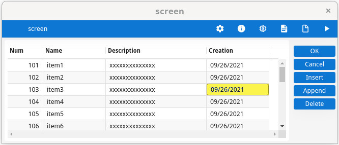 Table rendering with with current row highlight color yellow and black text.