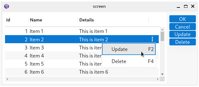 Table view with rowbound actions