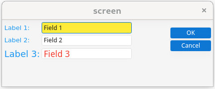 Screenshot of form displayed with styles applied. Field 2 is yellow. Label 3 and Field 3 have larger font. Field 3 has red text.