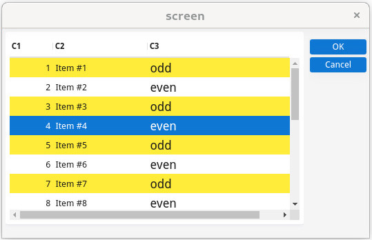 Screenshot of form displayed with styles applied. Odd rows are yellow. Column 3 has larger font.