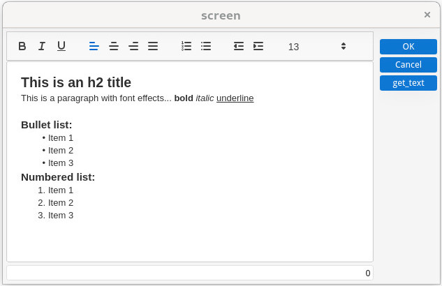 The figure is a screenshot of a textedit field implementing the rich text editing feature with the toolbox shown at the top.