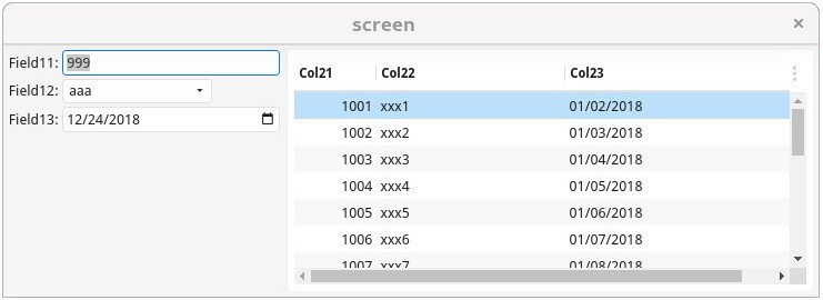 Screenshot of form with hbox showing grid and table side by side