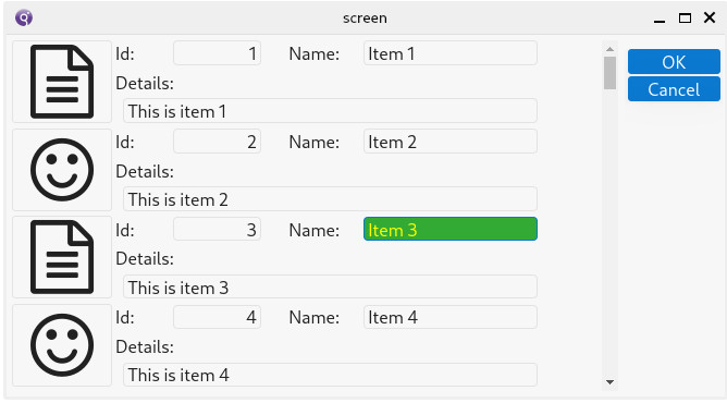 ScrollGrid rendering with with current row highlight color green and yellow text.