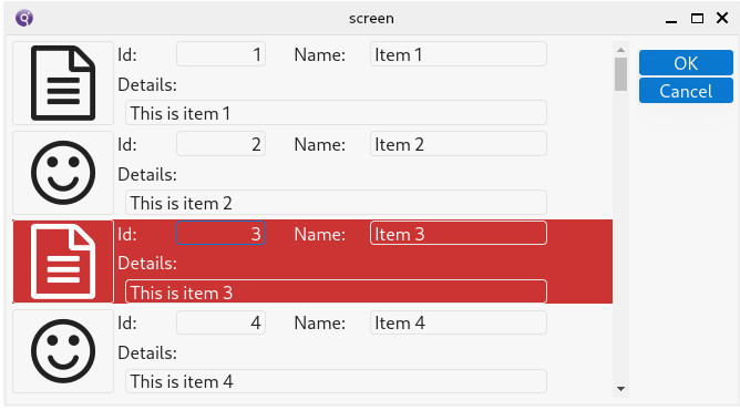 ScrollGrid rendering with with current row highlight color red and white text.