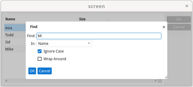 Table displaying the dialog to find rows.