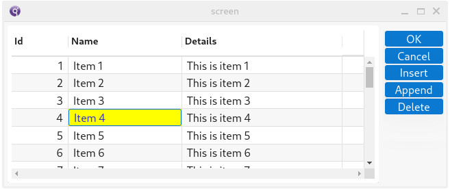 Table rendering with with current cell highlight color yellow and black text.