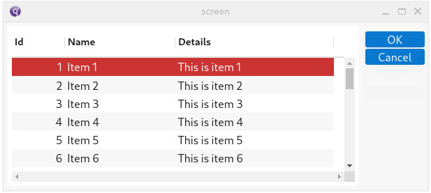 Table rendering with with current row highlight color red and white text.