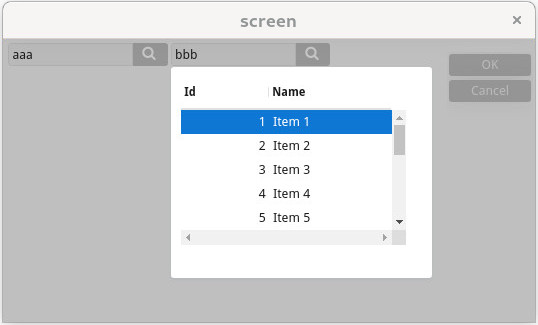 The figure shows a screenshot of a parent window displaying a drop-down window, to select a record from a list.
