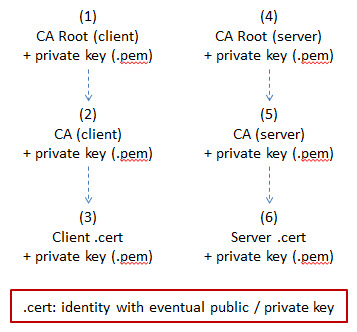 This image illustrates the hierarchy of certificate authority for the client and server. Each has a CA root authority at the root of the hierarchy that signs certificates. The client CA hierarchy needs to have all the server CA, including the server CA root.