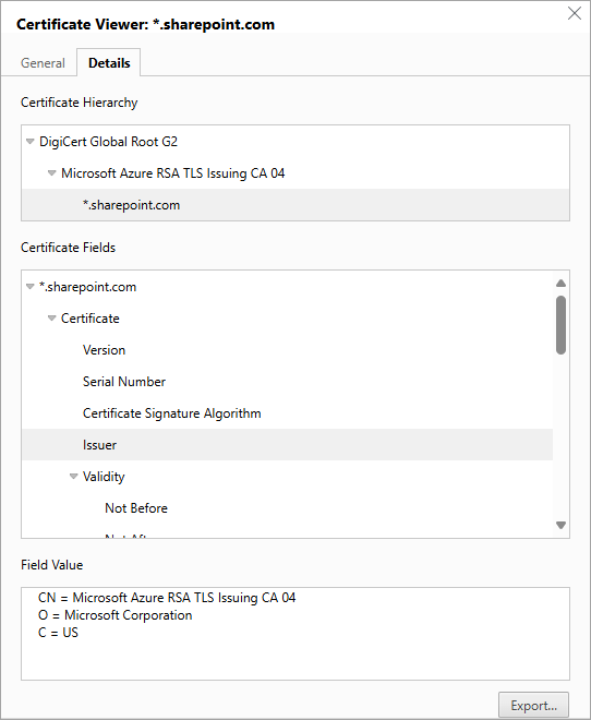 Screenshot showing Details tab in Certificate Viewer