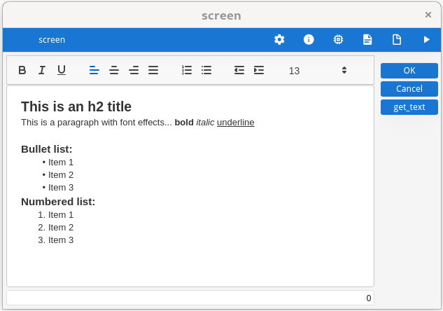 The figure is a screenshot of a textedit field implementing the rich text editing feature with the toolbox shown at the top.