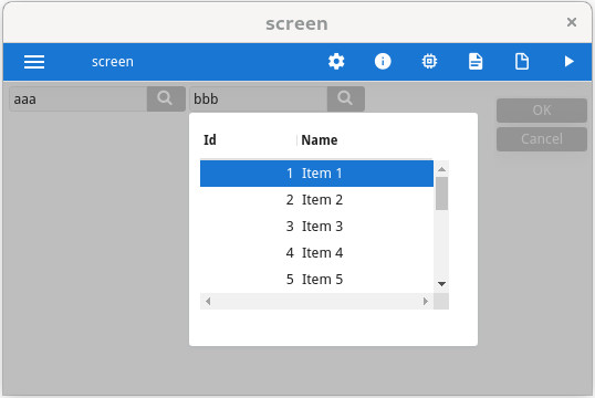The figure shows a screenshot of a parent window displaying a drop-down window, to select a record from a list.