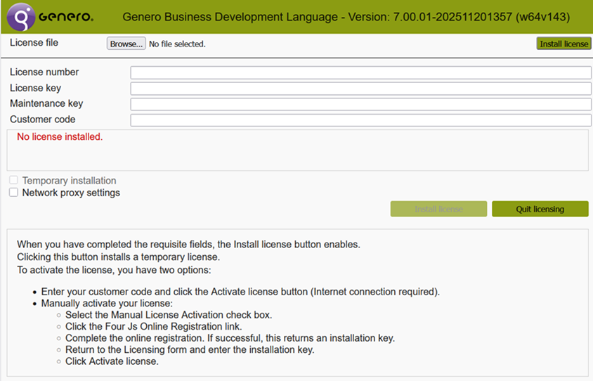 Genero user interface for licensing your product and checking license status. The information displayed shows that no license is installed.