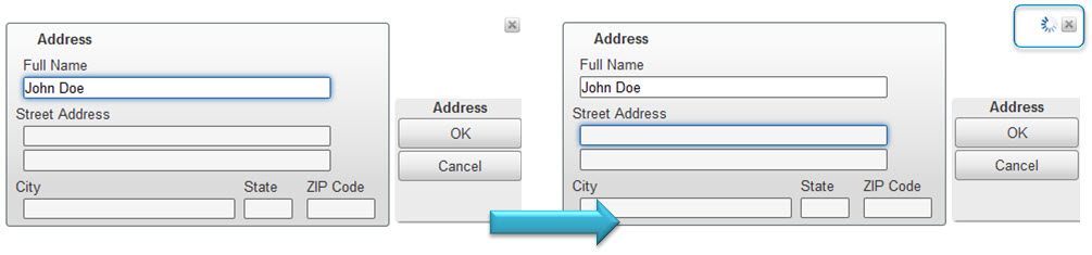 Screen shot showing movement into next field (Street Address) while waiting for validation of Full Name to return.