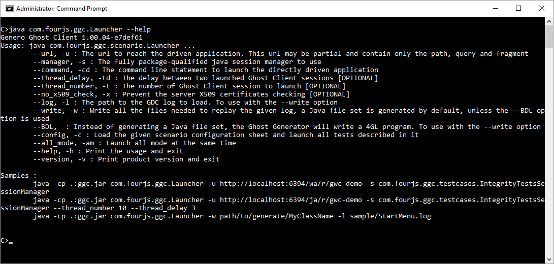 Image shows the Ghost Client command options shown when java com.fourjs.ggc.Launcher --help is executed
