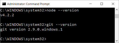 Image shows commands to display the versions of Node.js and git installed on a Windows platform.