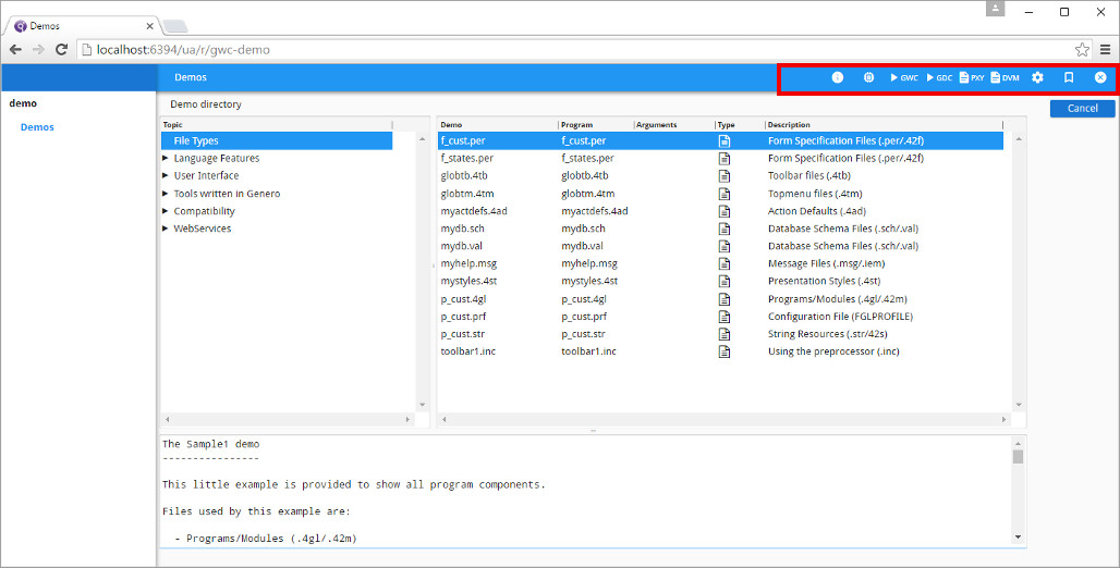 Image shows screenshot of the Genero Web Client user interface window highlighting the debug icons