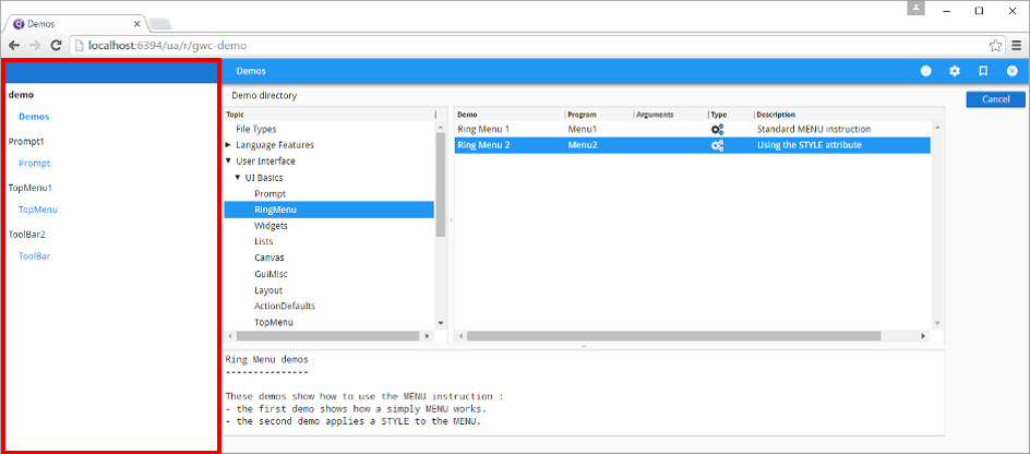 Image of the Genero Web Client for JavaScript user interface application page highlighting the side bar panel