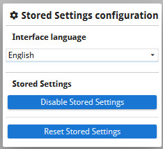Image shows screenshot of the Stored Settings configuration window, which is used to set the interface language